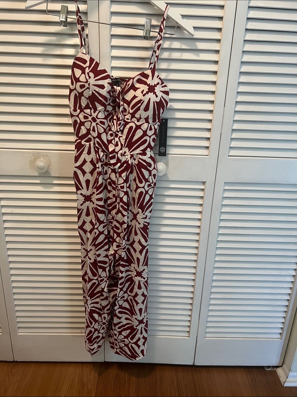 #2000* Women's Floral Print Jumpsuit in Burgundy and Ivory